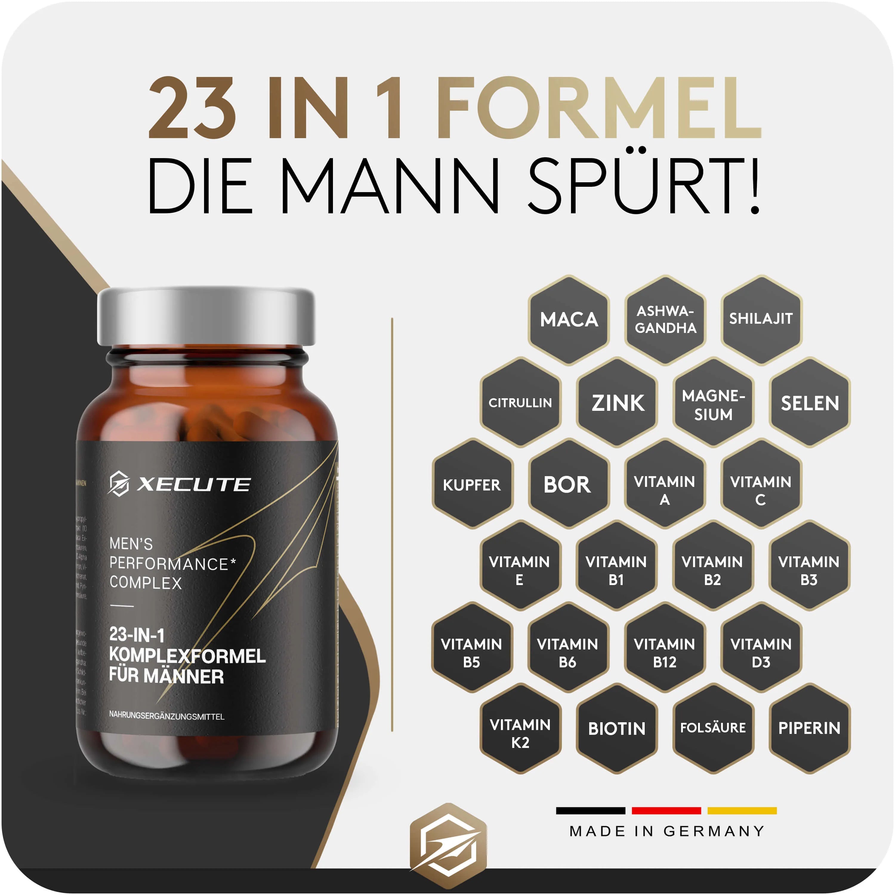 Es zeigt das Supplement und die 3 Inhaltsstoffe als All in One Supplement für Männer
