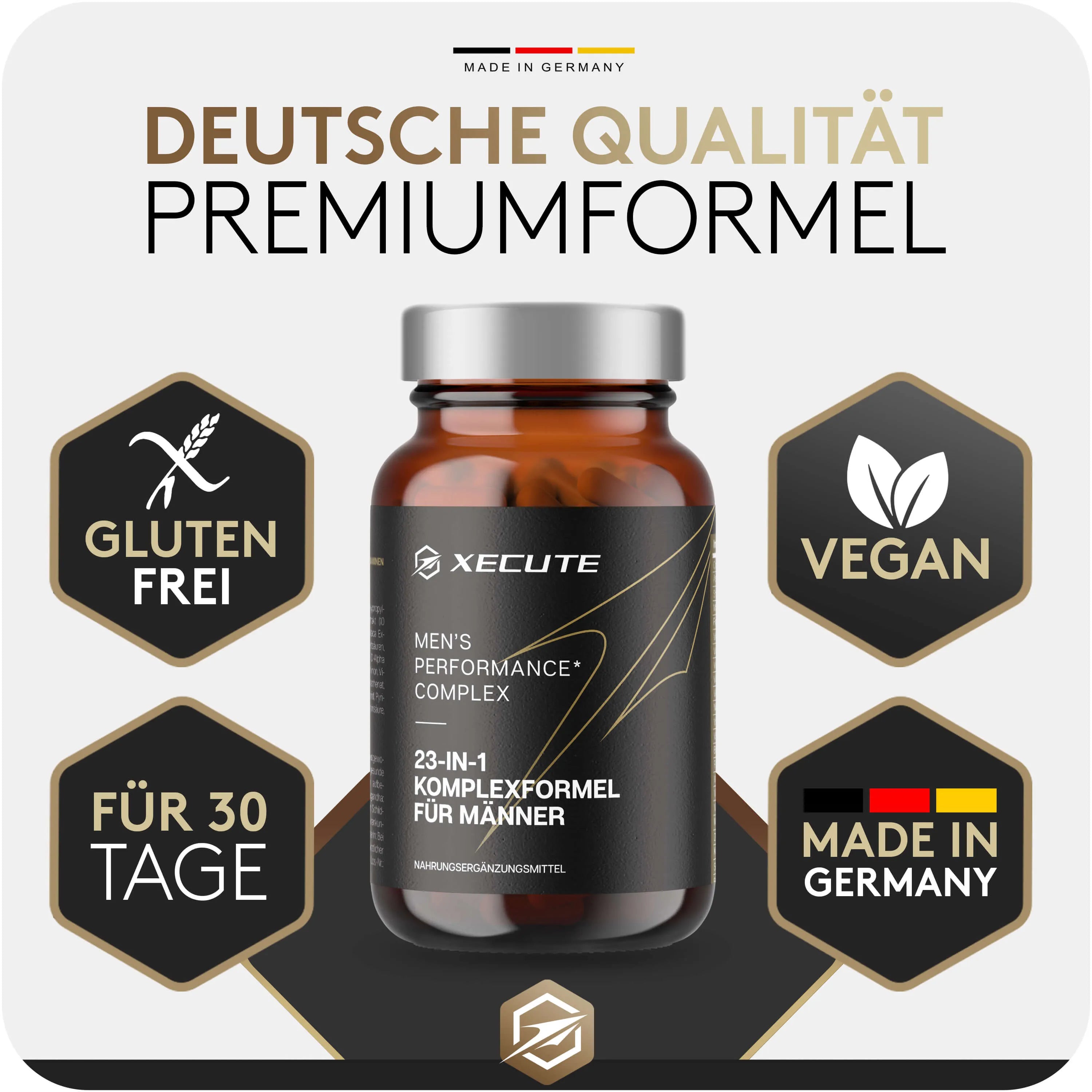 Es zeigt die Vorteile von XECUTE: Made in Germany, Glutenfrei, Vegan