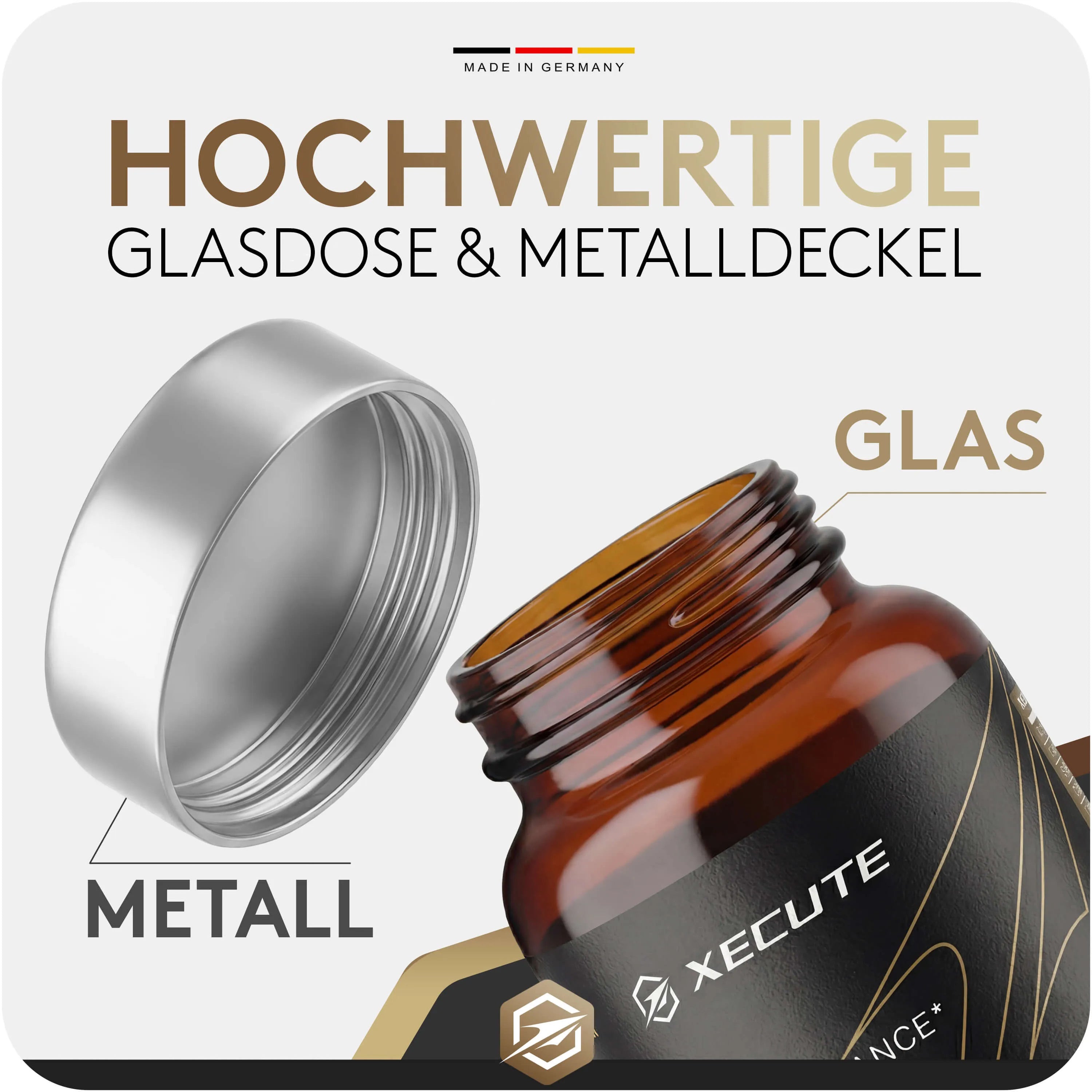 Es zeigt den Metalldeckel und die Glasdose des XECUTE Performance Supplements