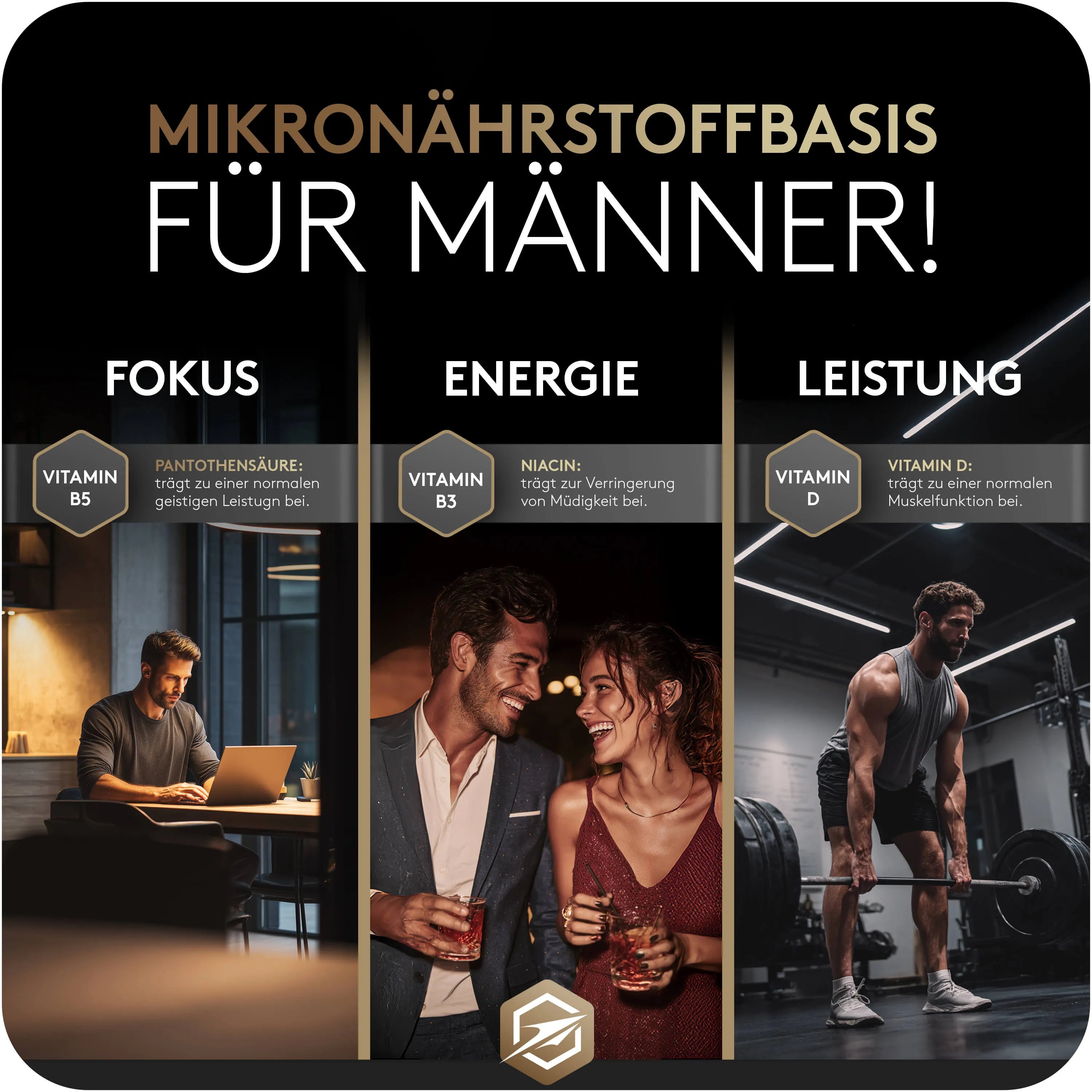 Es zeigt drei unterschiedliche Lebensbereiche (Gym, Business, Beziehung) die XECUTE bei Männern positiv beeinflussen kann.