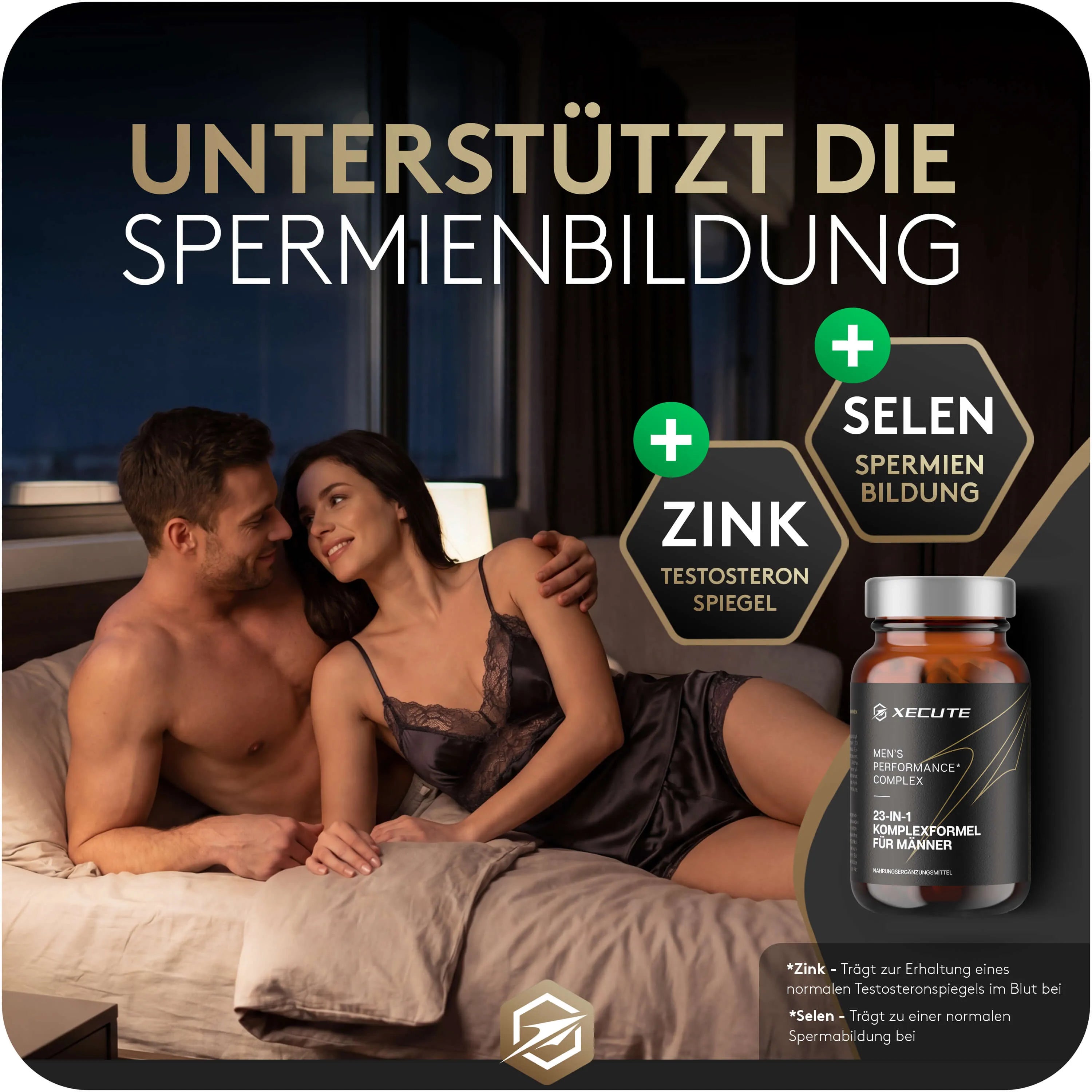 Es zeigt ein glückliches Paar und hebt die Qualität von XECUTE hervor, wie es sich positiv auf das Liebesleben auswirken kann.